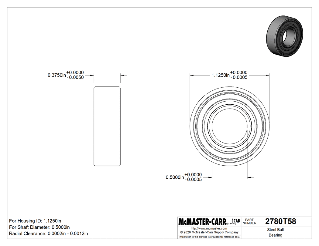 Technical Drawing of Steel Ball Bearing, Trade No. 1616-2RS, Sealed, for 1/2" Shaft Diameter.